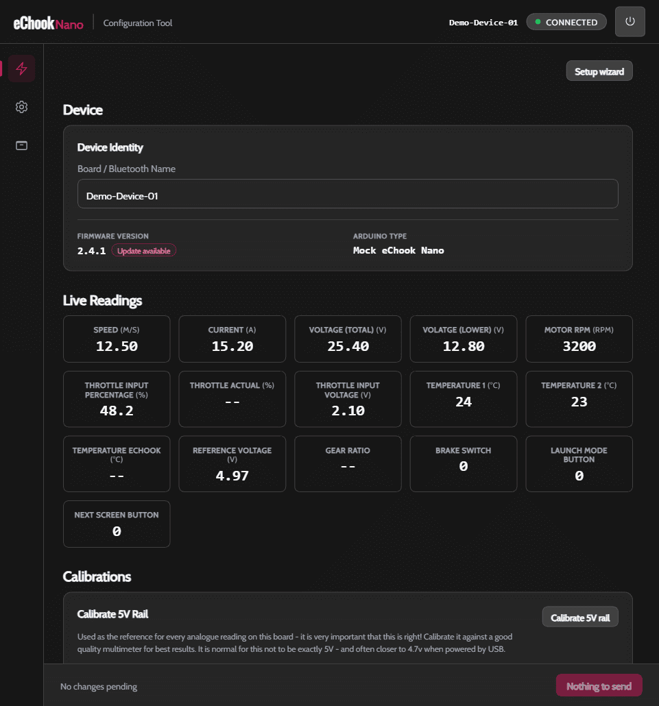 Device Overview page of the eChook Nano Configuration Tool, showing live readings and calibration fields